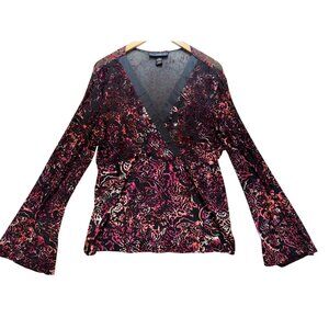 Venezia Velvet Burnout Wrap Blouse Top Womens 14/16 Red Sheer Flared Sleeves
